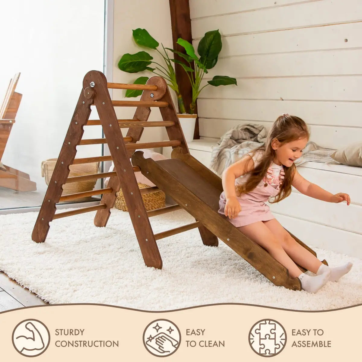 2in1 Montessori Climbing Frame Set: Triangle Ladder + Slide Board/Ramp – Chocolate-3