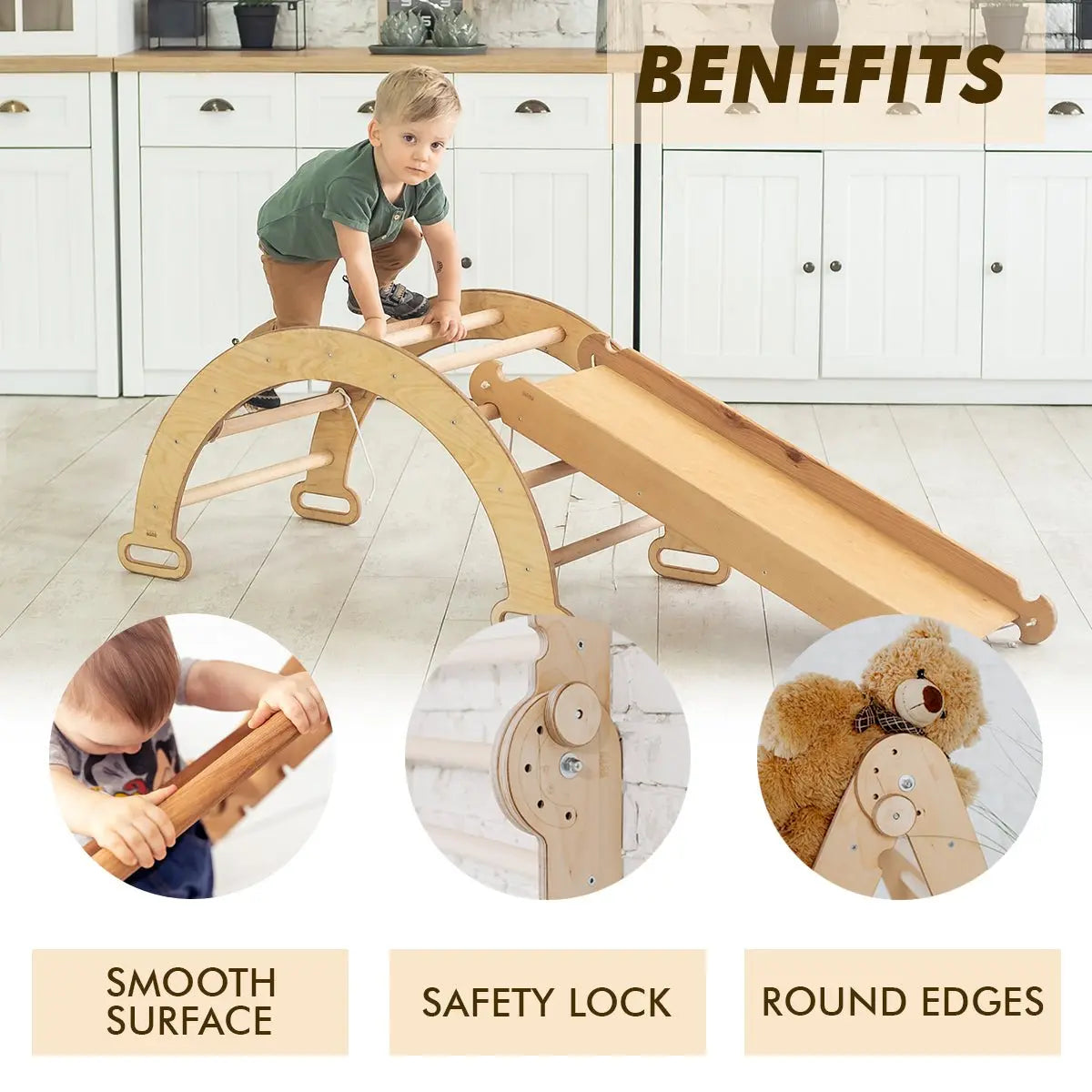 3in1 Montessori Climbing Set: Climbing Arch + Slide Board + Cushion - Beige-4