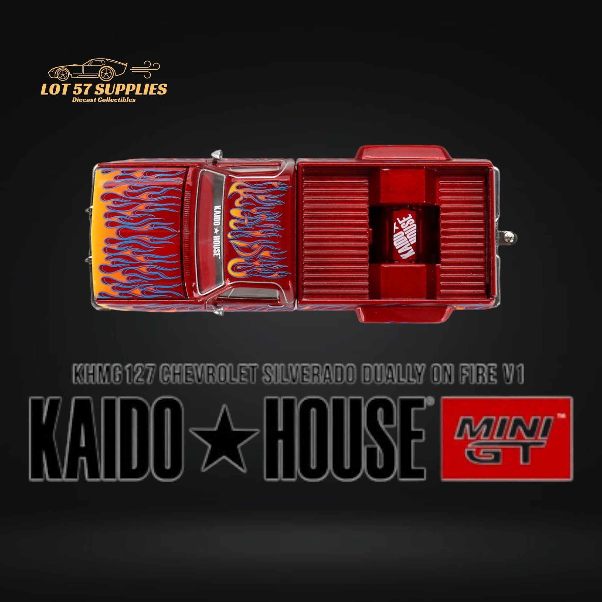 Mini GT x Kaido House Chevrolet Silverado DUALLY on Fire V1 1:64 KHMG127-1