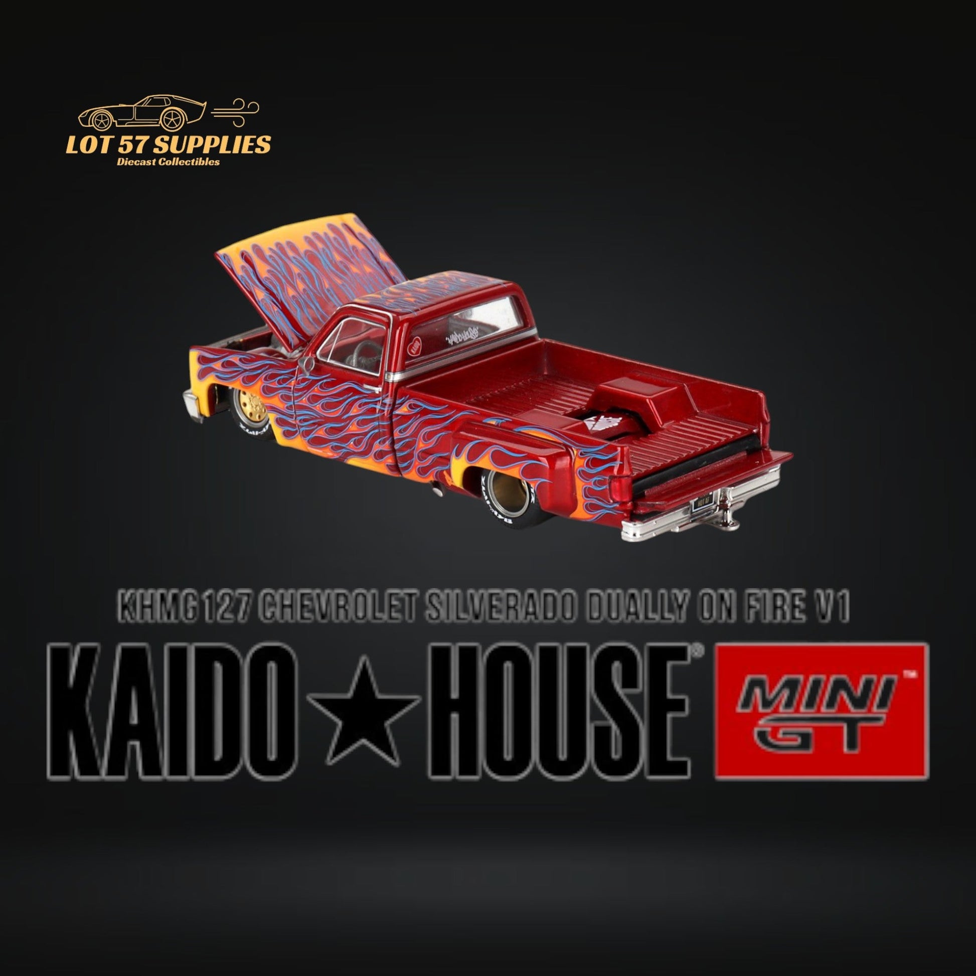 Mini GT x Kaido House Chevrolet Silverado DUALLY on Fire V1 1:64 KHMG127-2