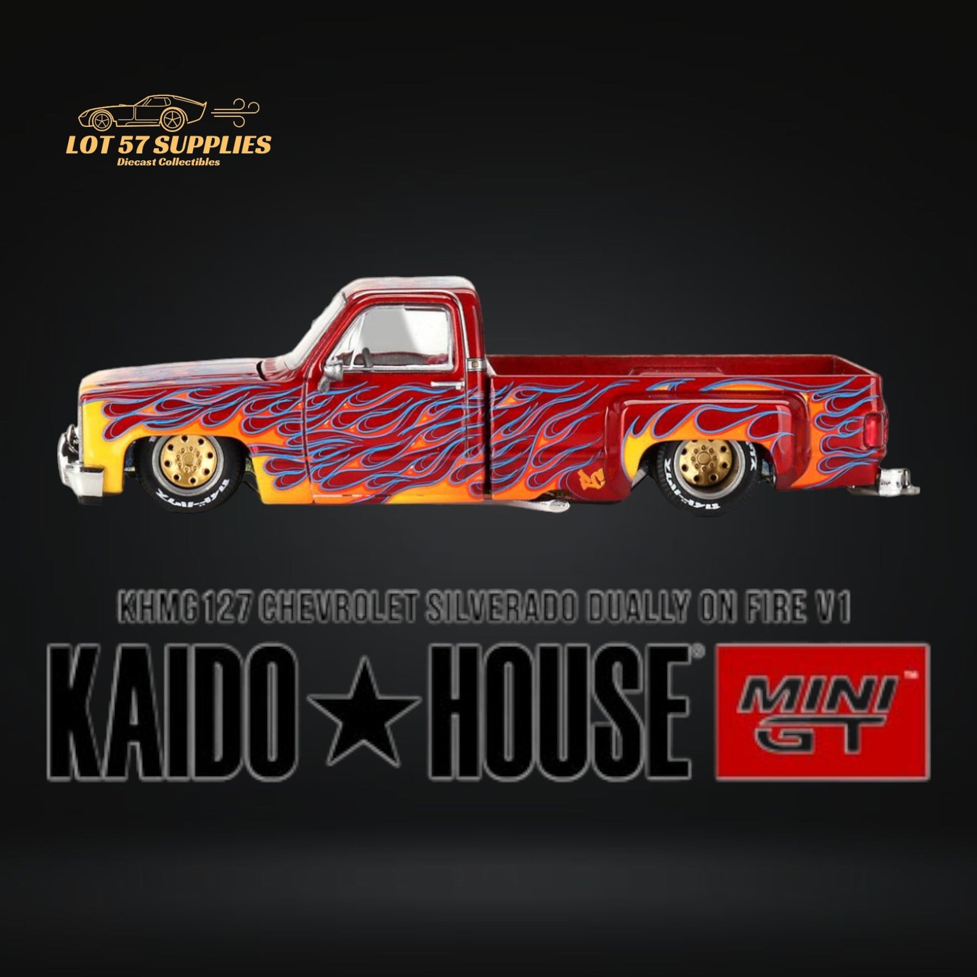 Mini GT x Kaido House Chevrolet Silverado DUALLY on Fire V1 1:64 KHMG127-3