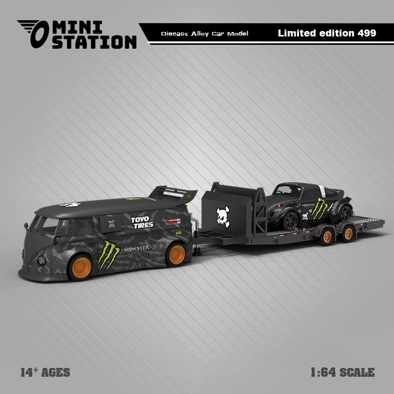 Mini Station RWB T1 Van & VW BEETLE TARGA With Trailer in Monster Livery 1:64-2