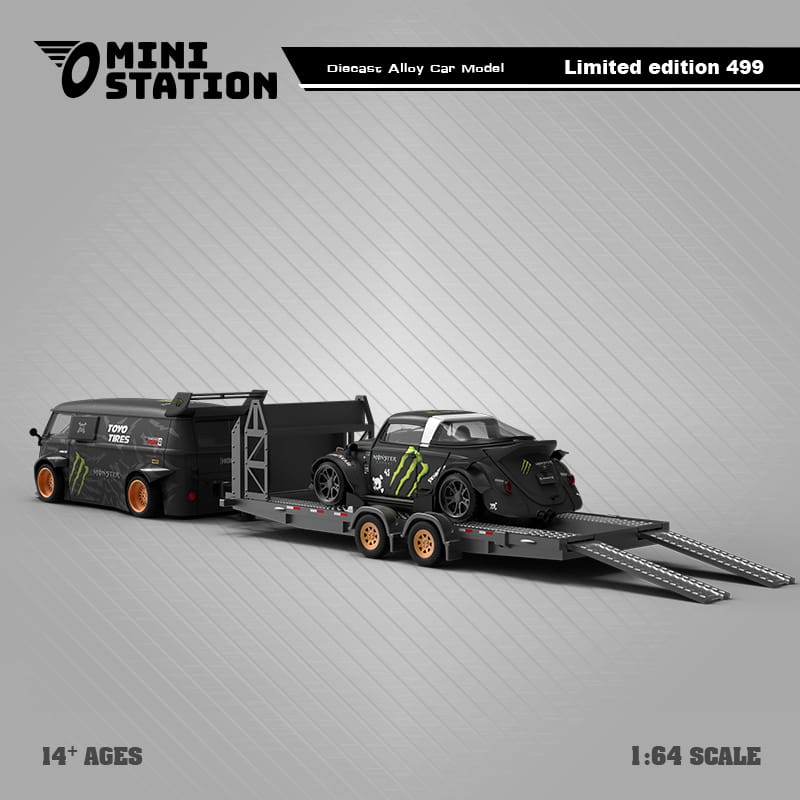 Mini Station RWB T1 Van & VW BEETLE TARGA With Trailer in Monster Livery 1:64-1