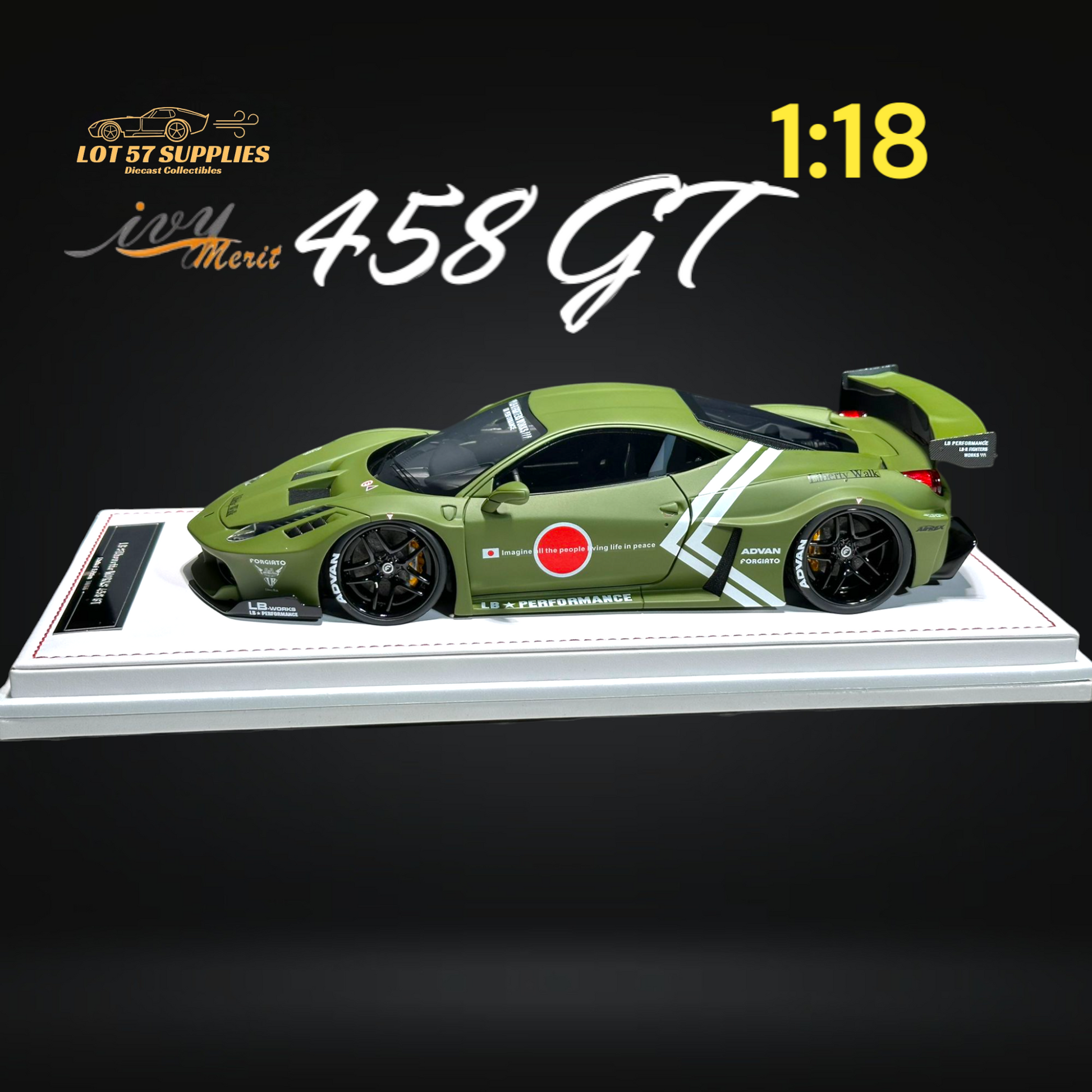 IVY MERIT 458 GT Fighter Green LBWK LB Silhouette Resin 1:18 Scale-2