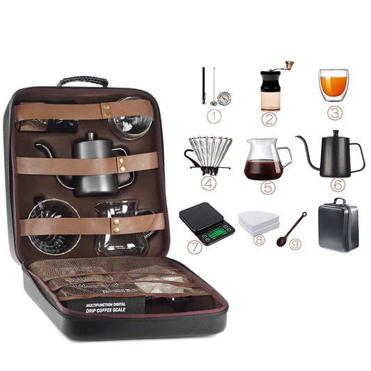 Gift Set of Travel Coffee Accessories Set Including PU Bags Manual Grinding Cups10 pcs-0