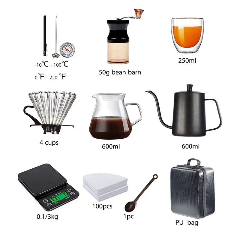 Gift Set of Travel Coffee Accessories Set Including PU Bags Manual Grinding Cups10 pcs-2