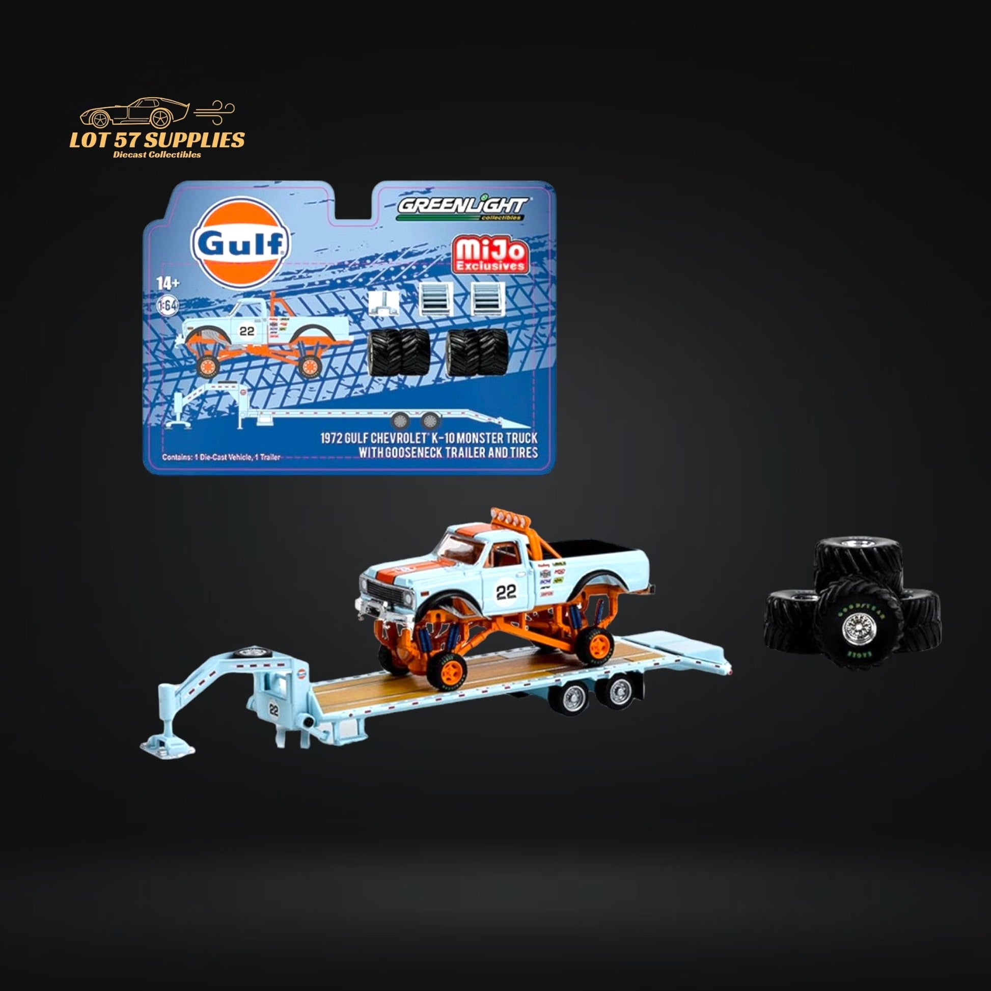 LOOSE Greenlight 1972 Chevrolet K-10 Monster Truck With Gooseneck Trailer & Tires Gulf Racing 1:64-0