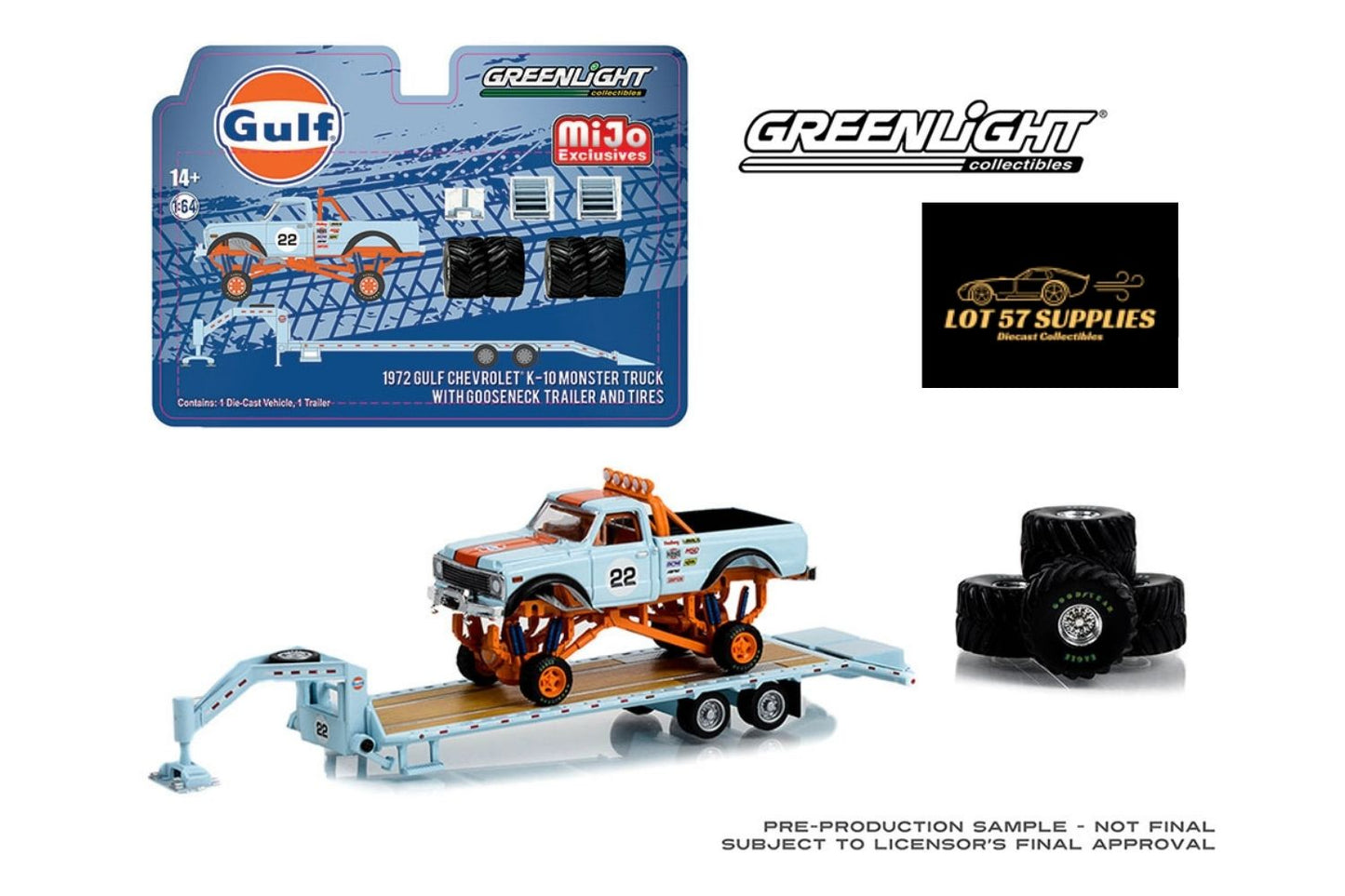 LOOSE Greenlight 1972 Chevrolet K-10 Monster Truck With Gooseneck Trailer & Tires Gulf Racing 1:64-1