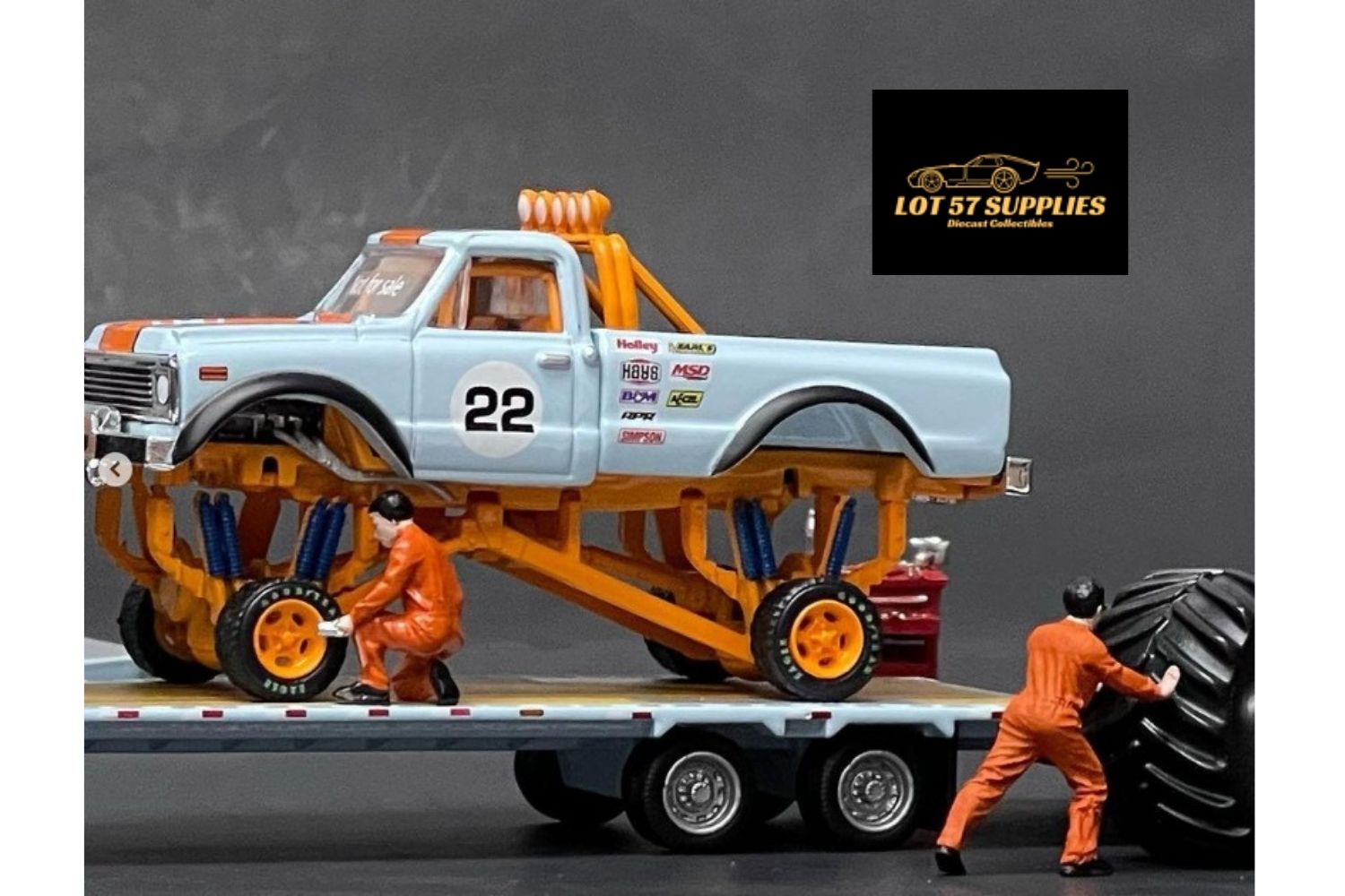 LOOSE Greenlight 1972 Chevrolet K-10 Monster Truck With Gooseneck Trailer & Tires Gulf Racing 1:64-2