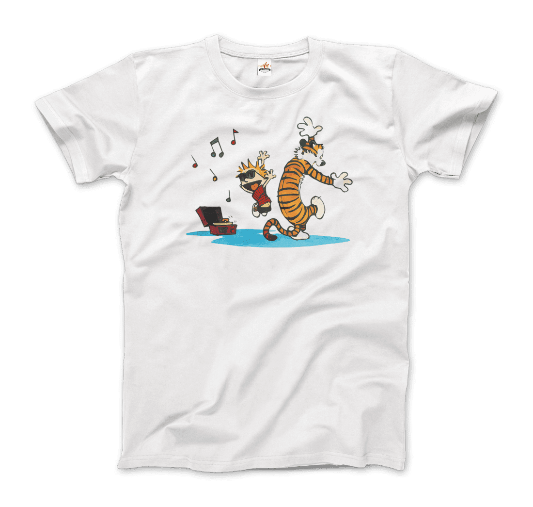 Calvin and Hobbes Dancing with Record Player T-Shirt-0