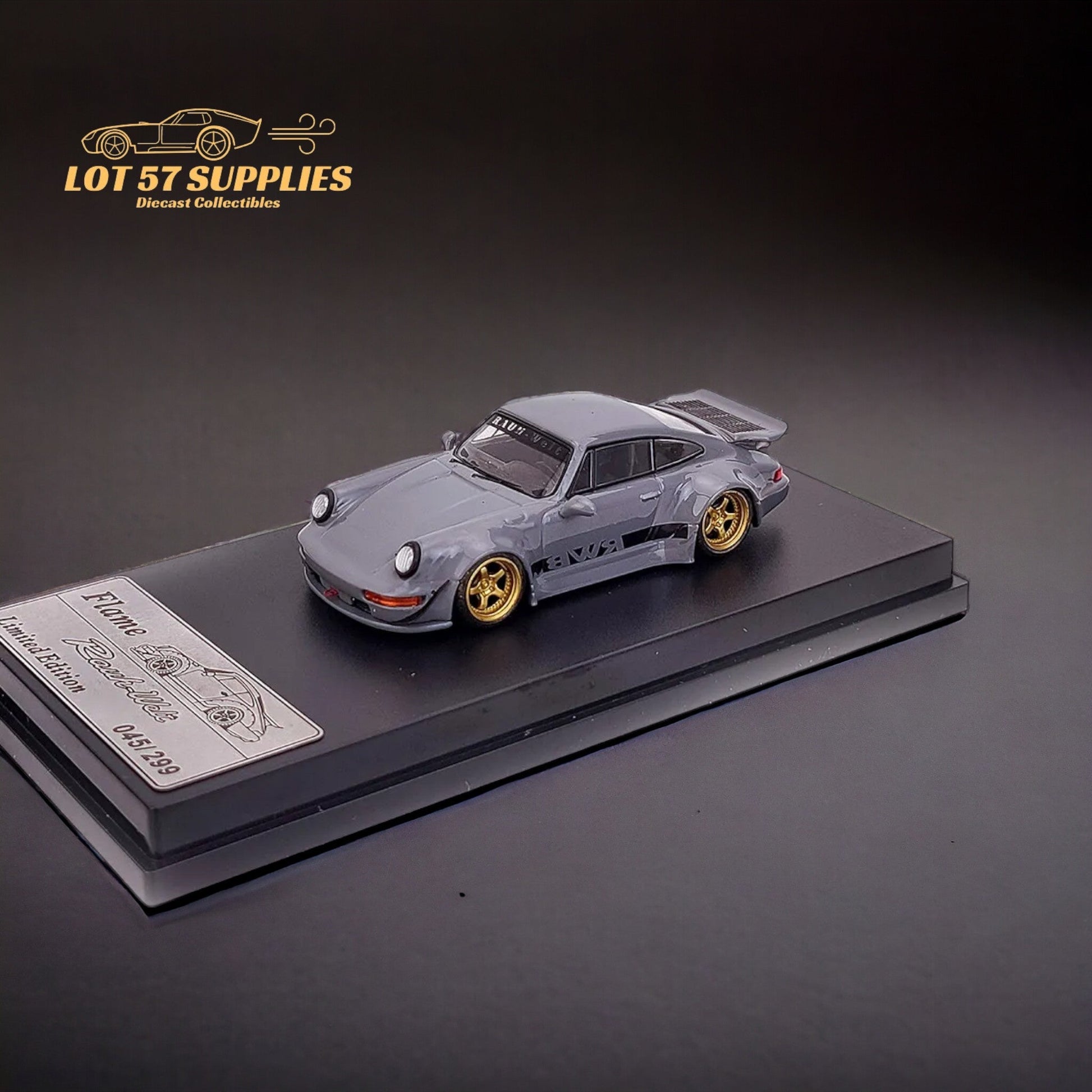 Flame Porsche 964 RWB Whale Tale in Cement Gray 1:64-4